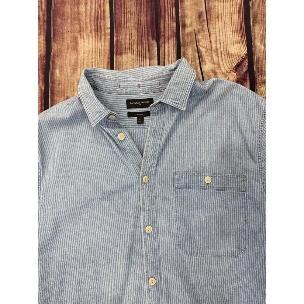 Banana Republic Men's Blue Striped Woven Button-Up SS Pocket Shirt XL Reg